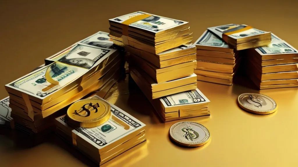 create a money rain with golden background, 8k, size of 1920x1080, colorful