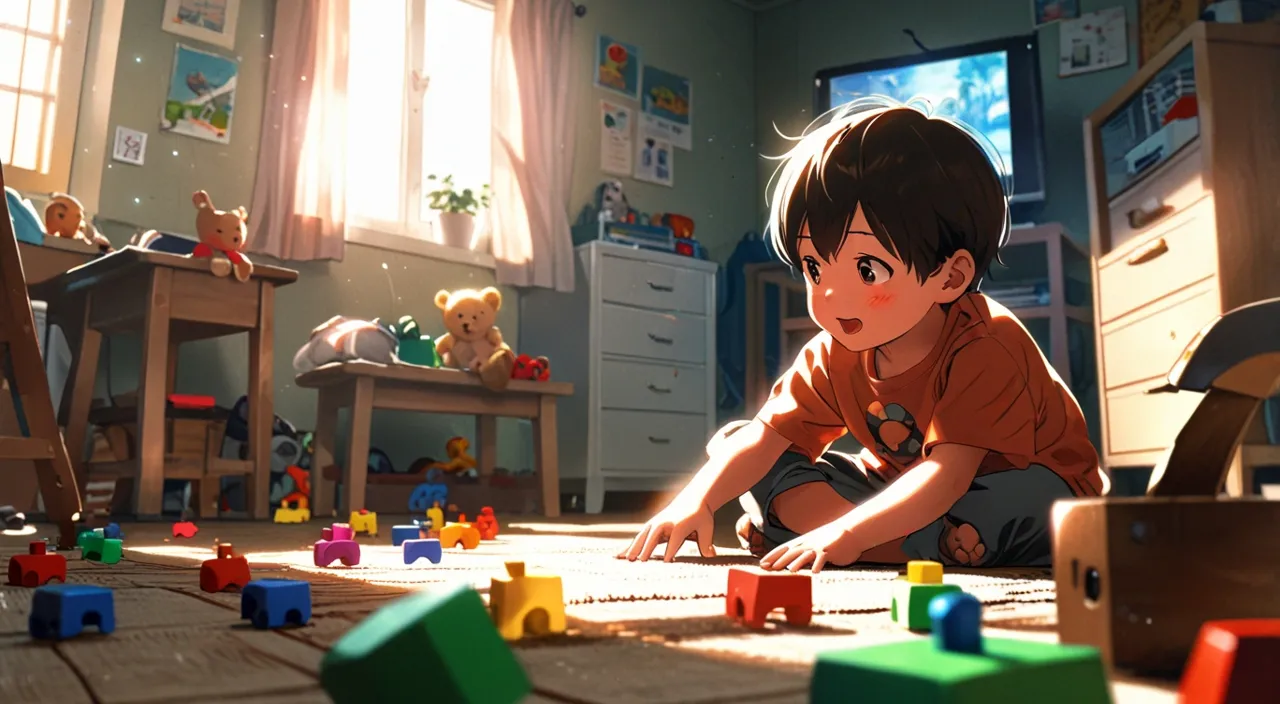 a young boy playing with toys in a child's corner