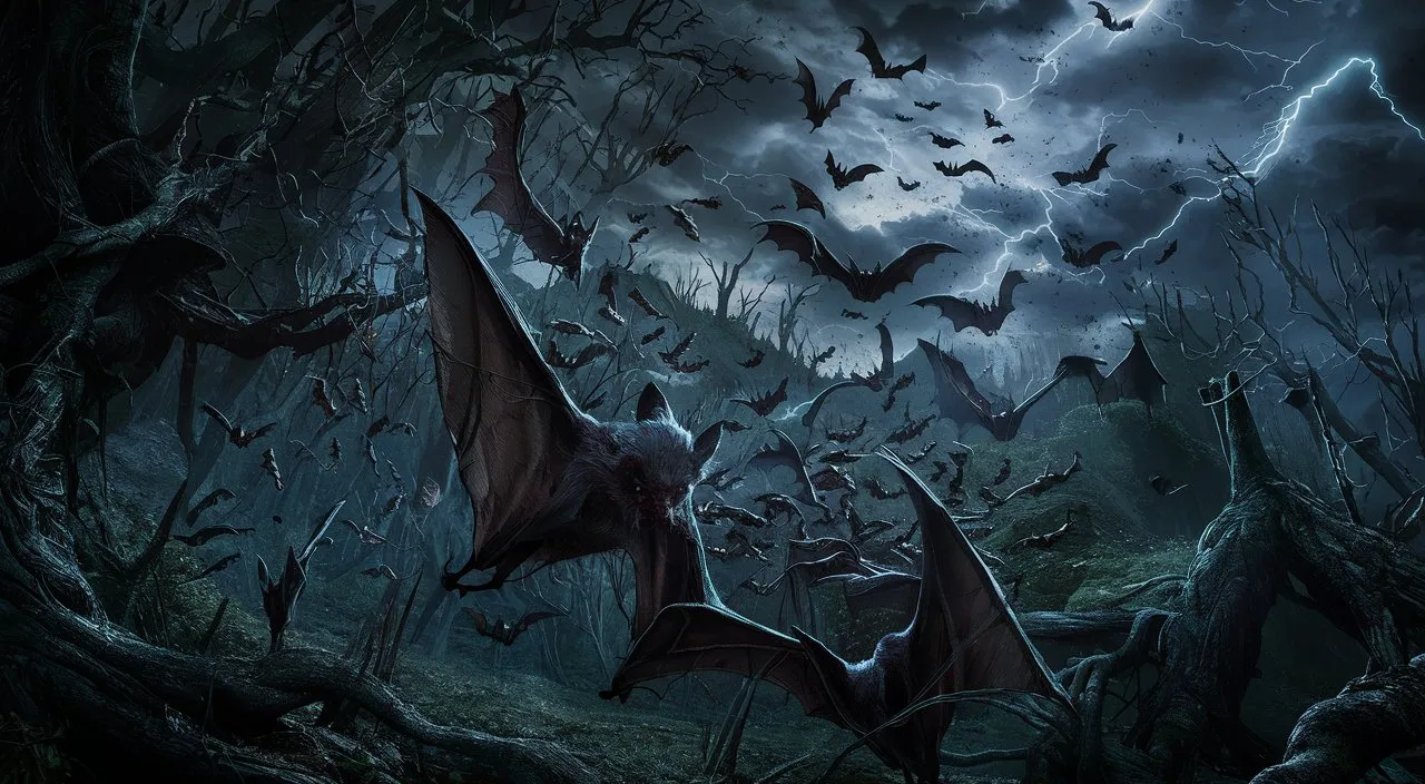 a group of bats flying through a dark forest