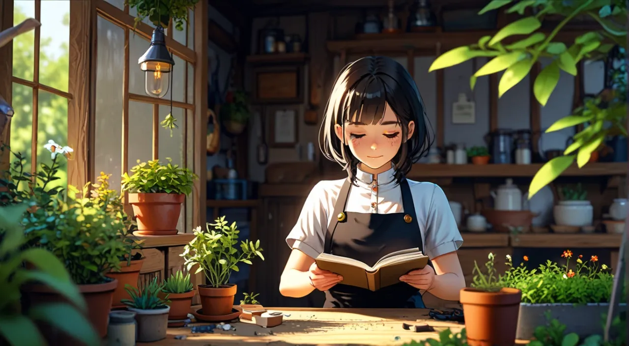 a girl is reading a book in a garden