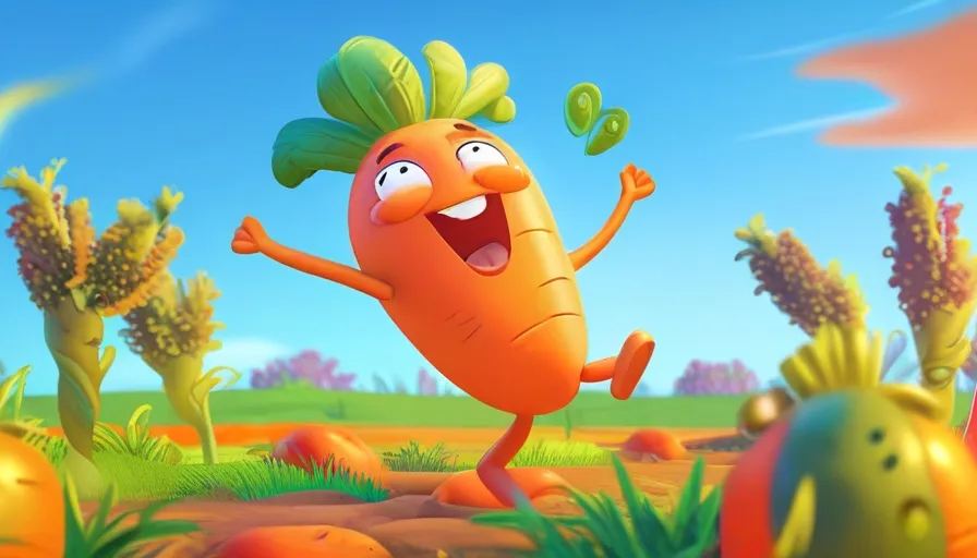 a cartoon carrot running through a field of carrots