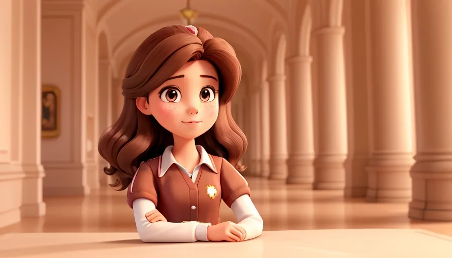 a cartoon girl sitting on the floor in a hallway, smiling