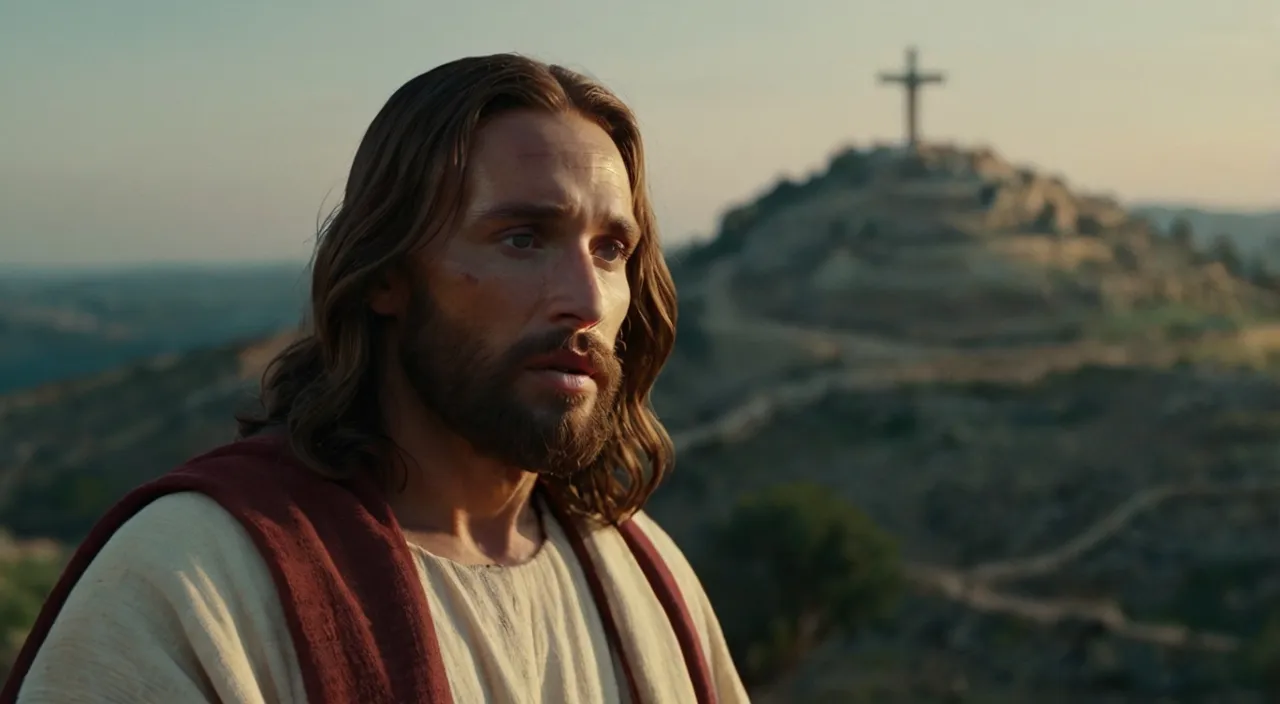 a man with a cross on top of a hill