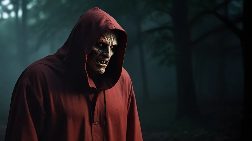 a man in a red hooded jacket in a dark forest