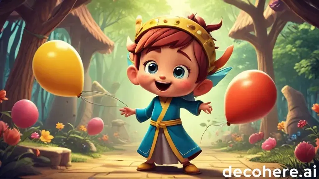 a cartoon character holding balloons in a forest