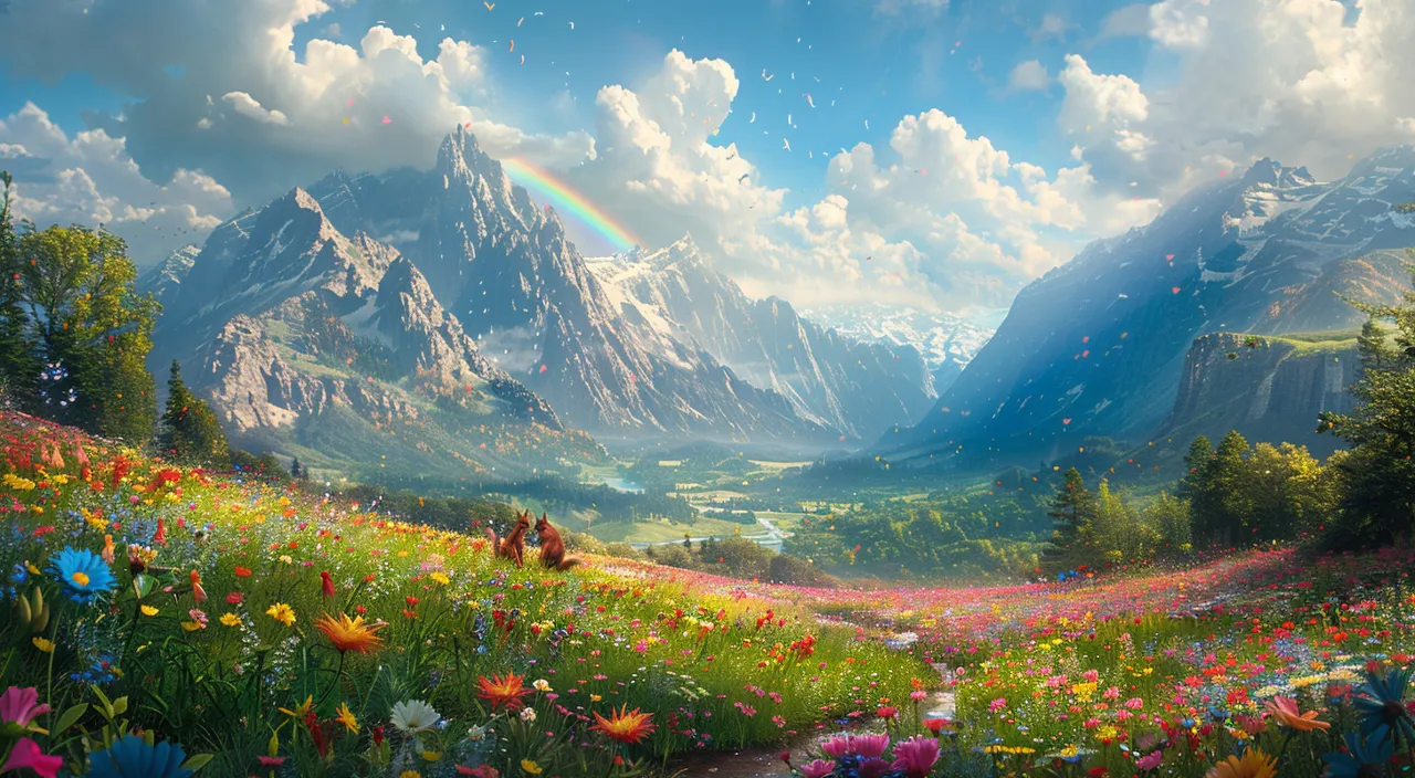 a painting of a mountain valley with a rainbow in the sky