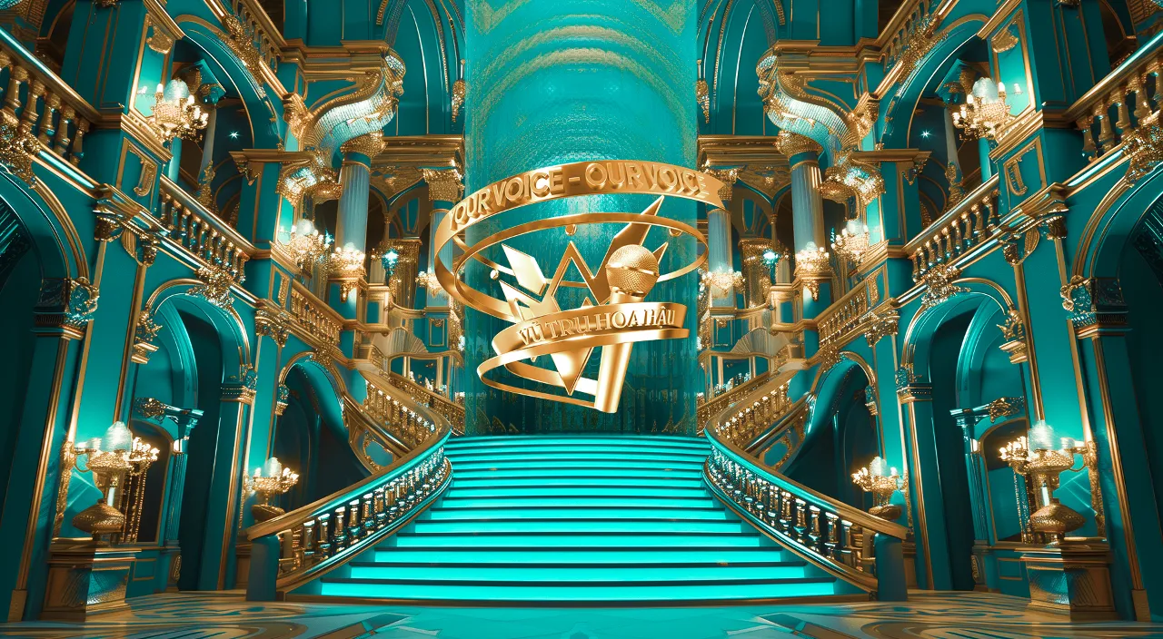 a blue green and gold staircase with a blue carpet