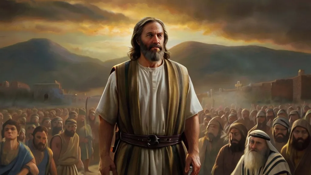 a painting of jesus standing in front of a crowd of people