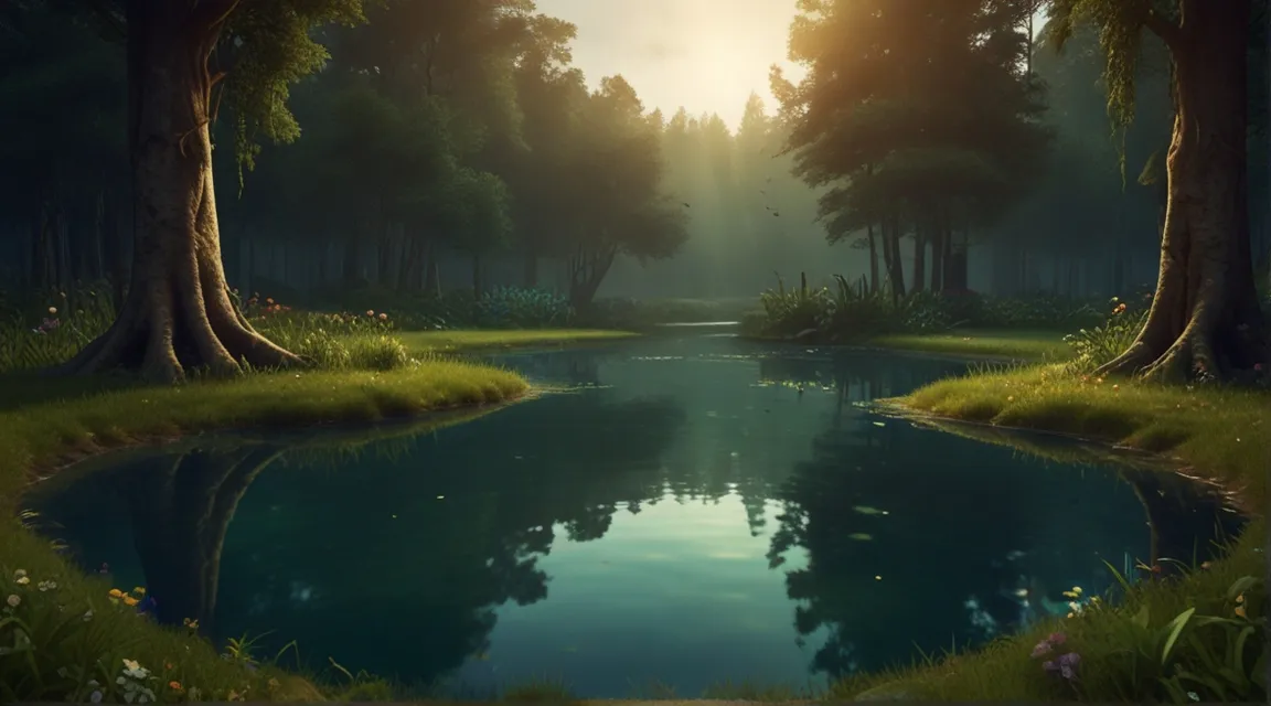 a painting of a pond surrounded by trees