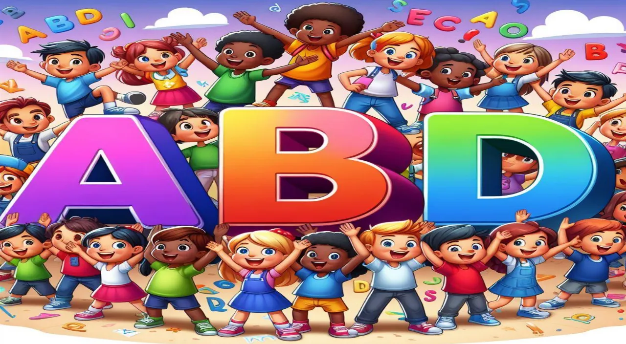 a group of children standing in front of the word abc