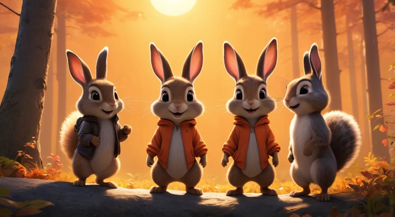 As the sun sets, casting a golden glow over the forest, Benny the bunny, Lily the squirrel, and Max the chipmunk are standing together, saying their goodbyes. The sky is painted with beautiful hues of orange and pink, and the friends are smiling warmly at each other, their silhouettes framed by the setting sun.