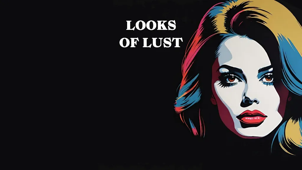 a colorful drawing of a beautiful woman and the exact unchanging words LOOKS OF L U S T