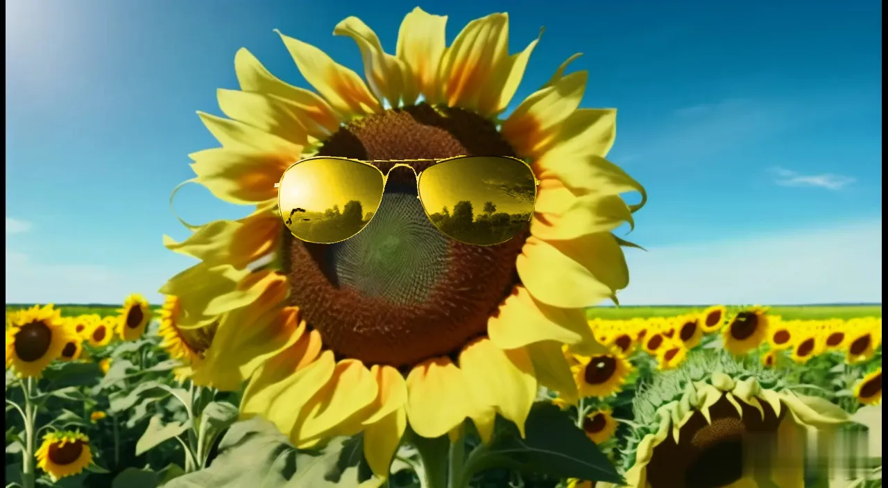 a sunflower with a pair of sunglasses on it's face  only the movement from the wind does not need extra sunflowers