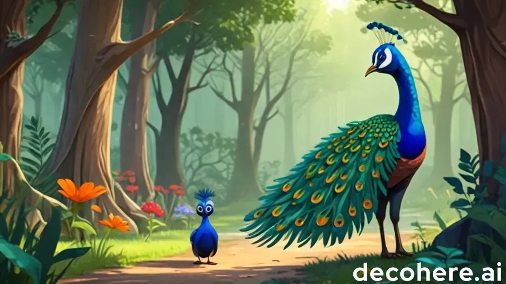 a painting of a peacock and a bird in a forest