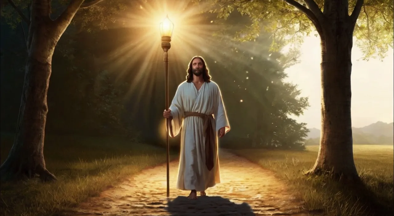 jesus walking down a path with a light on his head