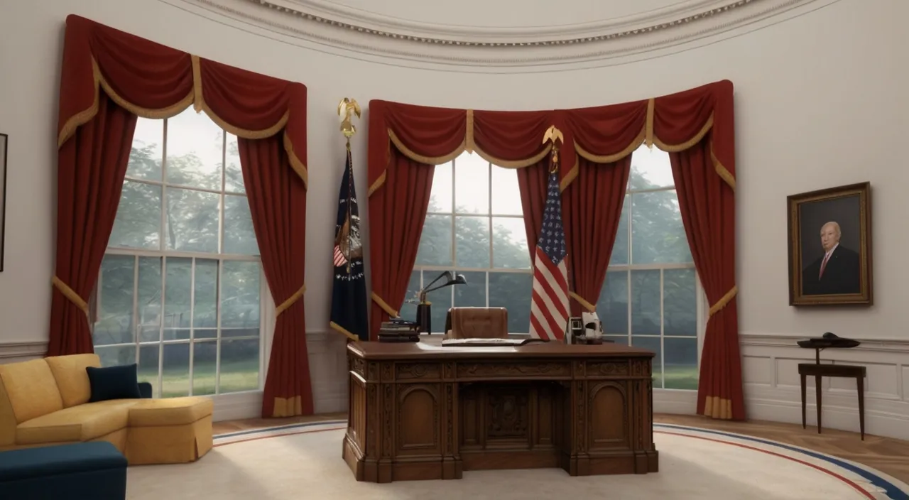 a room with a desk, chairs, and a flag