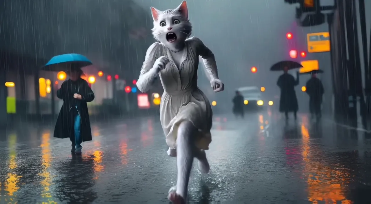 a woman in a cat costume is walking in the rain with an umbrella