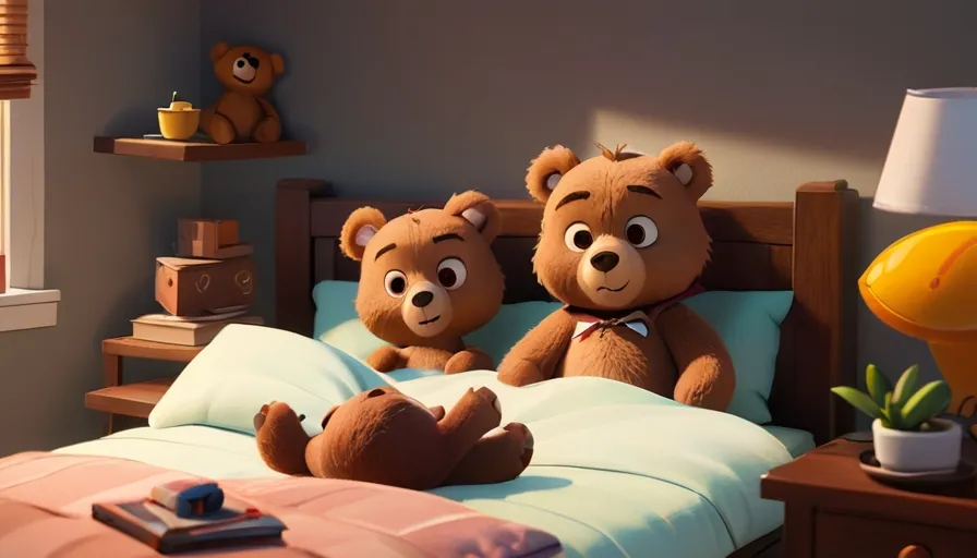 a couple of teddy bears sitting on top of a bed