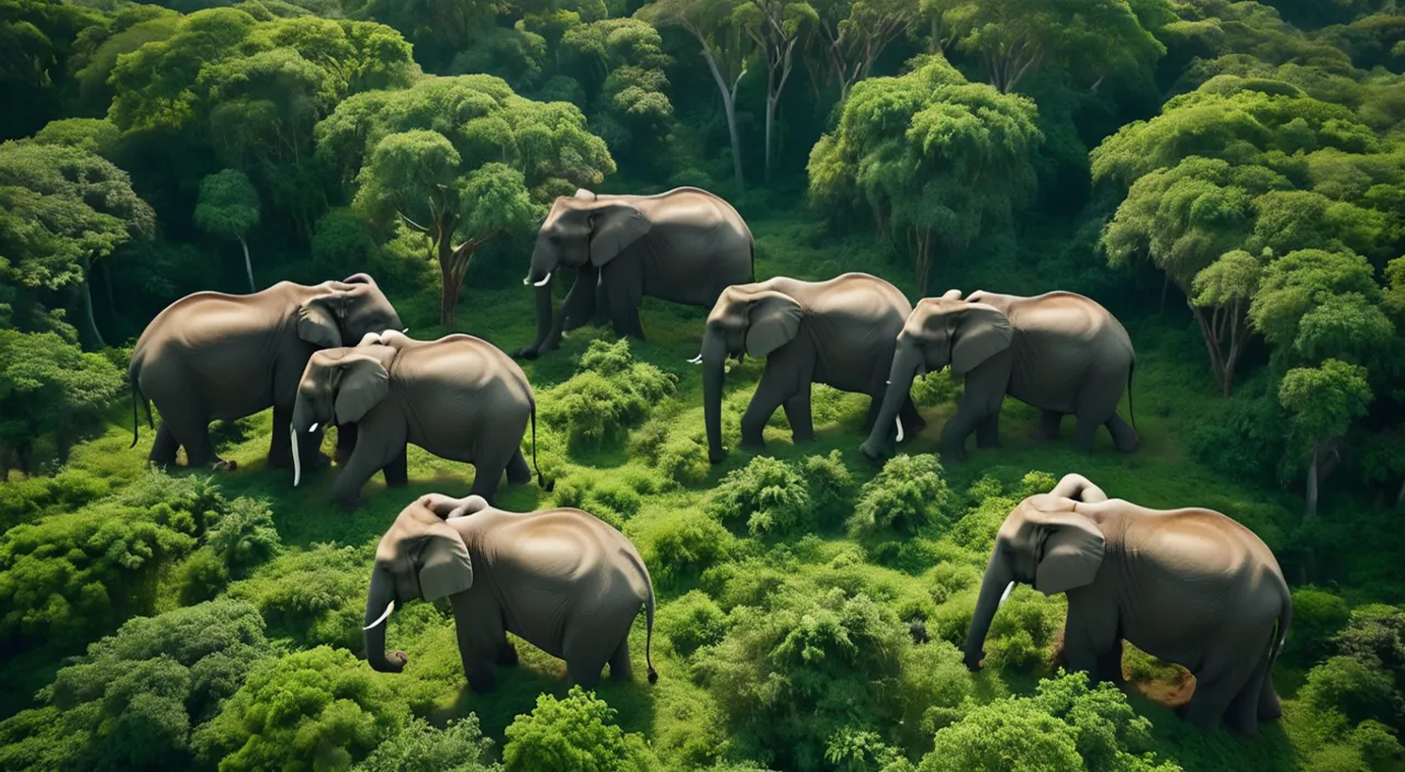 a herd of elephants walking through a lush green forest