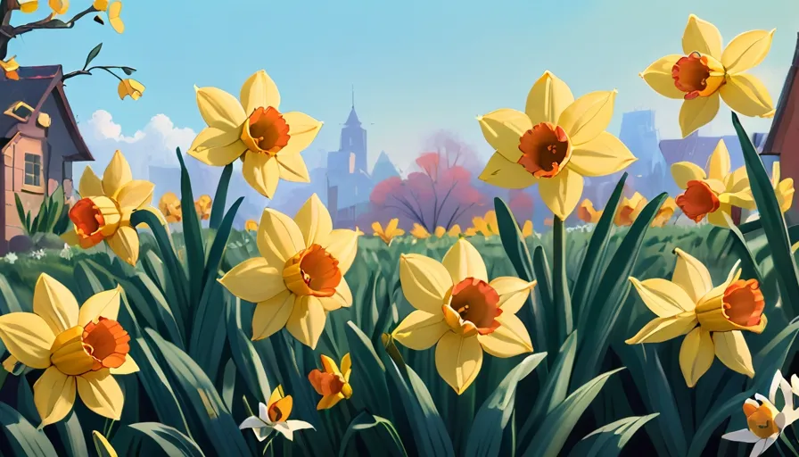 a painting of daffodils in front of a house