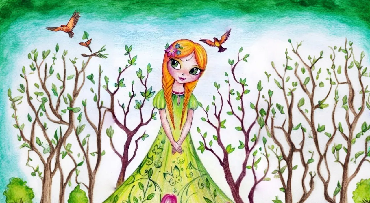 Animate the birds and the girl, add blinking eyes and hair flying in the wind for the girl. Trees and foliage do not animate. Camera no motion