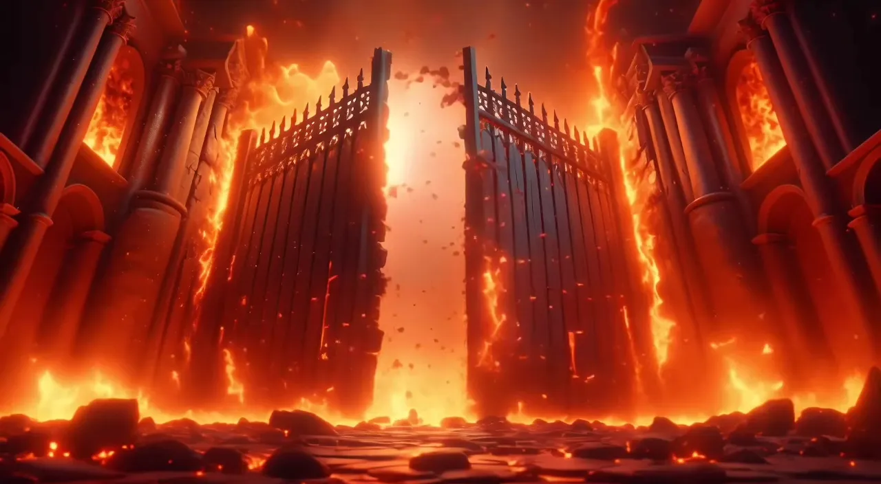 a large gate with flames coming out of it