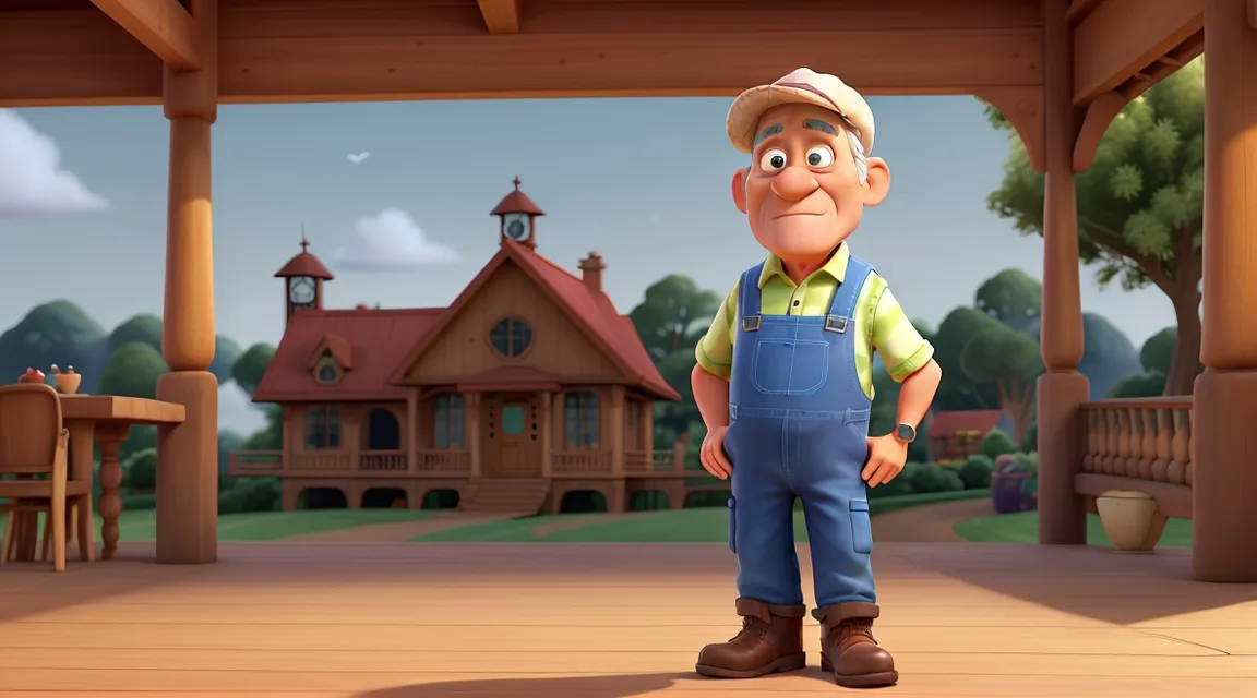 a cartoon character standing in front of a house, wearing glasses, holding a farm-tool, ultra-detailed, 3d Pixar Animation