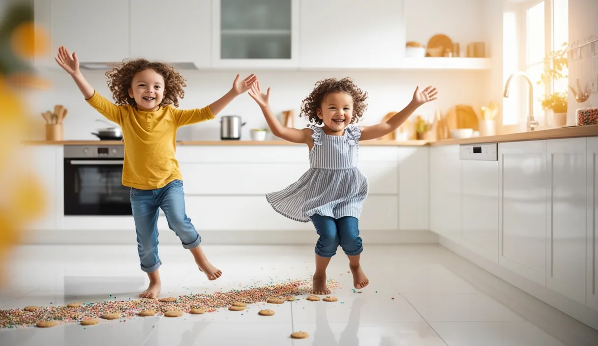 two young girls jumping in the air in a kitchen