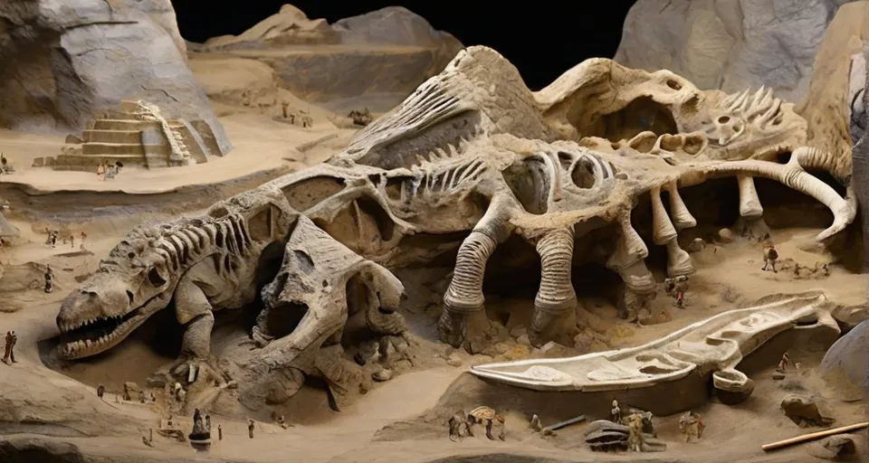 a model of a dinosaur skeleton in a museum