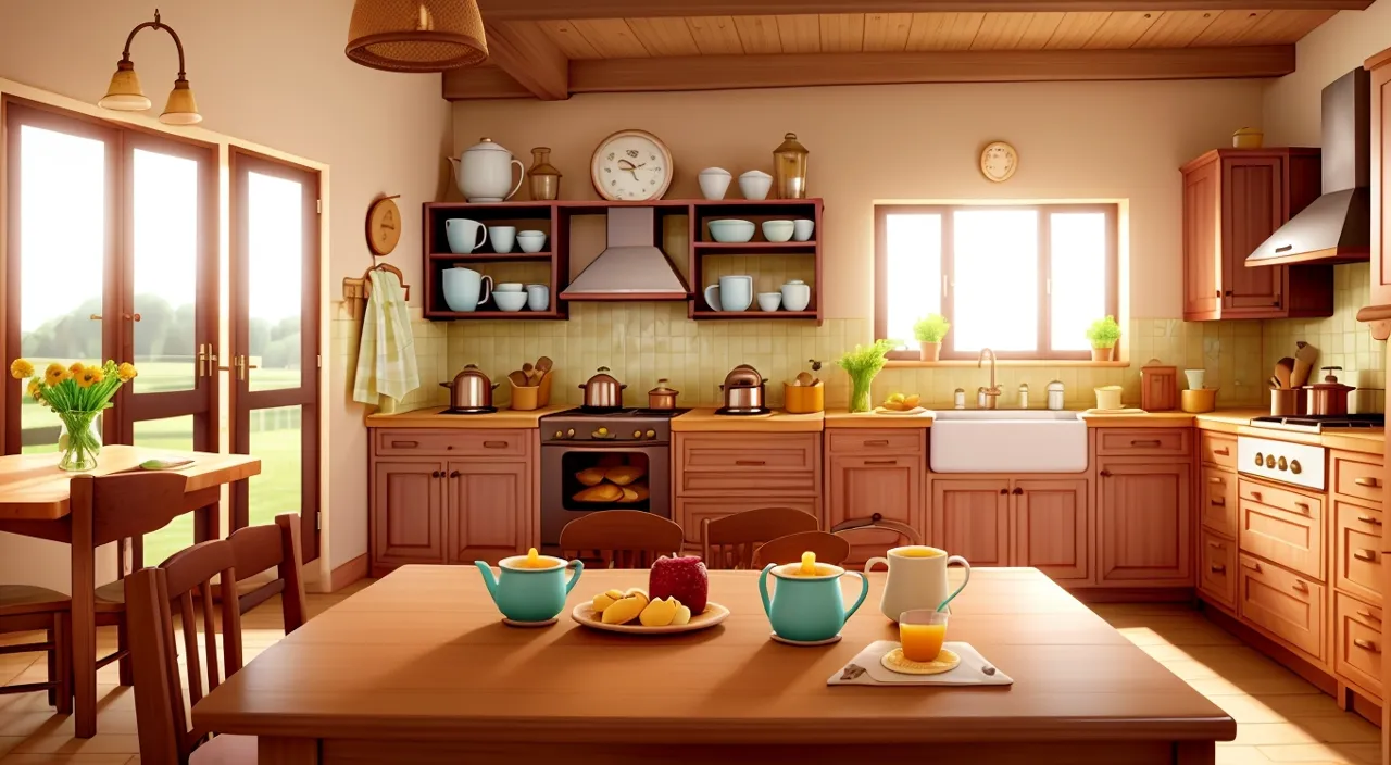 a kitchen filled with lots of wooden furniture