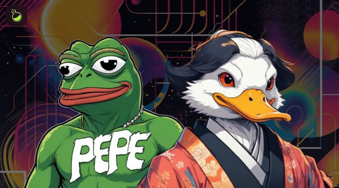 The frog on the left, on the right a bird in Japanese clothes and a wig stands and looks forward