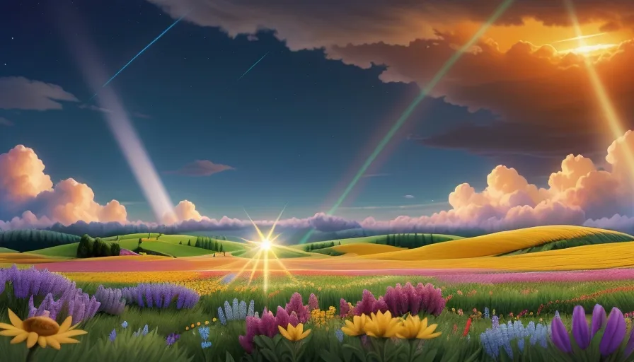 A sunbeam breaking through the clouds, illuminating a field of wildflowers where Elara and Orion once danced.