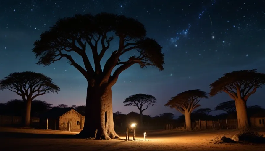 a person standing under a tree at night