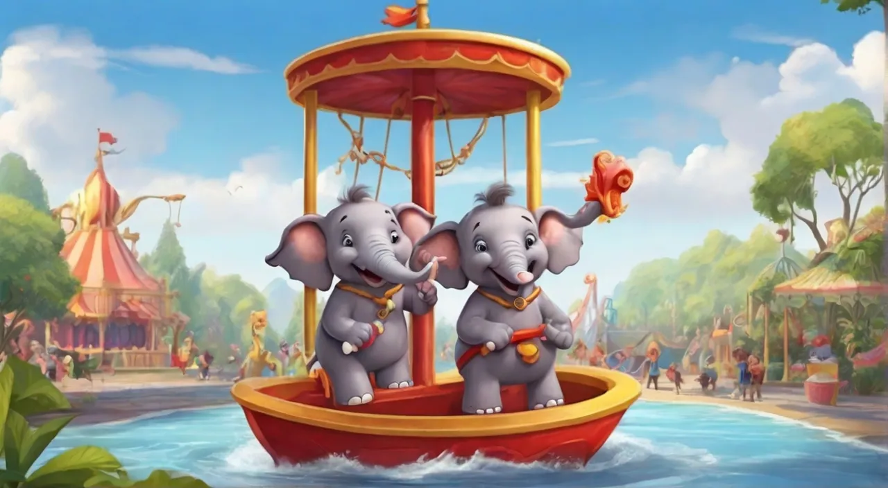 two elephants are riding on a boat in the water. Cartoon 