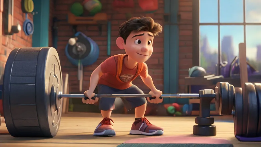 a young boy lifting a barbell in a gym