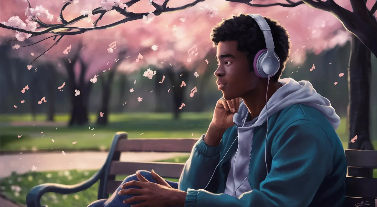 A poignant illustration of a young man White finding solace and inspiration in music. He is sitting on a park bench, lost in thought, wearing headphones that emit a soft, soothing melody. The background is a serene park setting with cherry blossoms falling gently, creating a tranquil atmosphere. The overall ambiance of the image is introspective and uplifting, with a sense of hope and new beginnings.