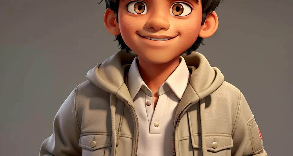 a cartoon boy with a hoodie on and a smile on his face