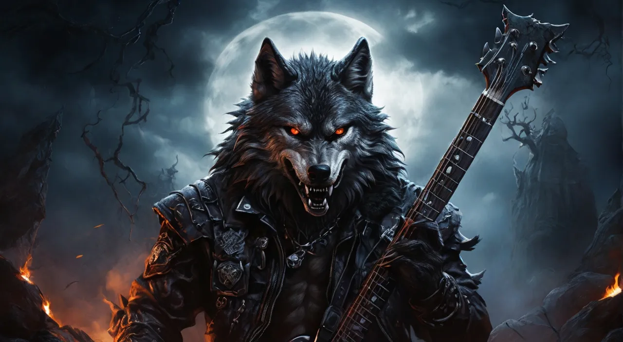 A wolf guitarist headlining a rock concert for animals