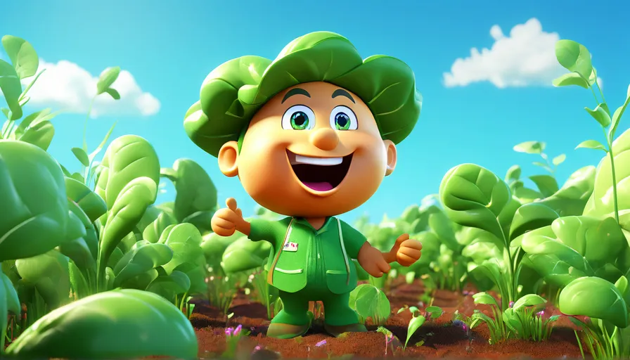 a cartoon character standing in a field of plants