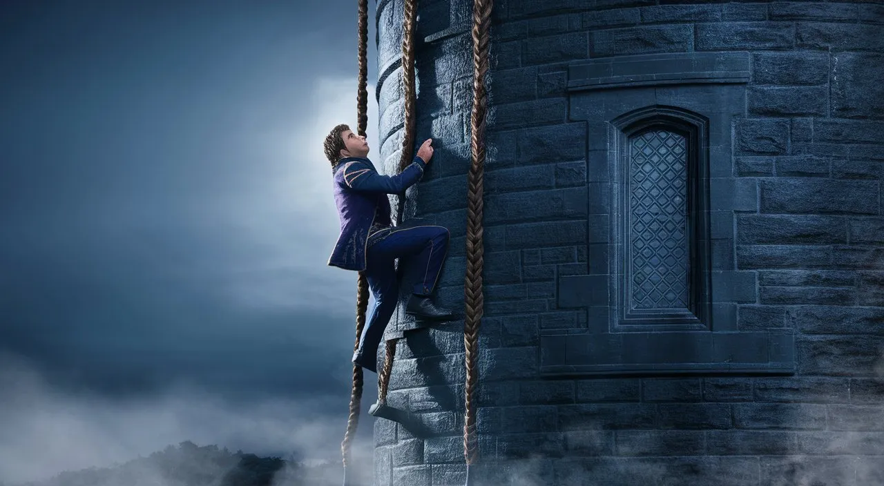 a man in a suit climbing up the side of a castle