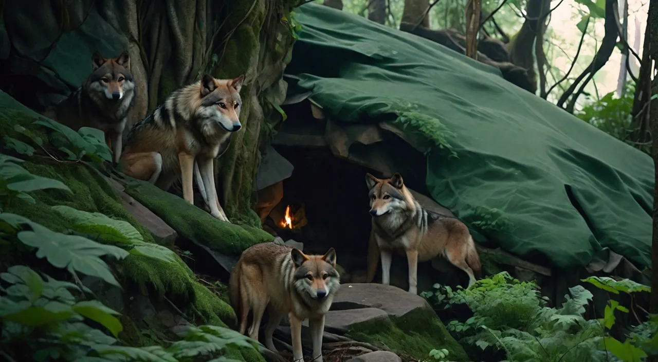 a group of wolfs standing in front of a cave