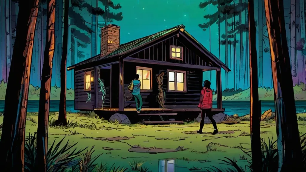 two people standing outside of a cabin in the woods