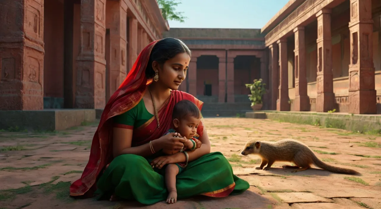 3D rendering background settings: Vibrant colours show a mongoose and a nine-month-old baby playing in the middle of the courtyard. Prabha is watching them from a distance. She is wearing a traditional red sari, green blouse and a dupatta wrapped around her head. However, her face is completely different from the calm environment. There is tension on Prabha's face, her eyes are full of doubt and worry