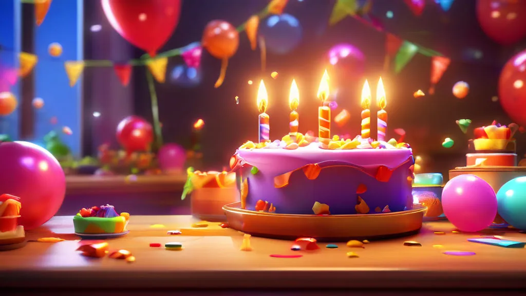 a birthday cake with lit candles surrounded by confetti and balloons