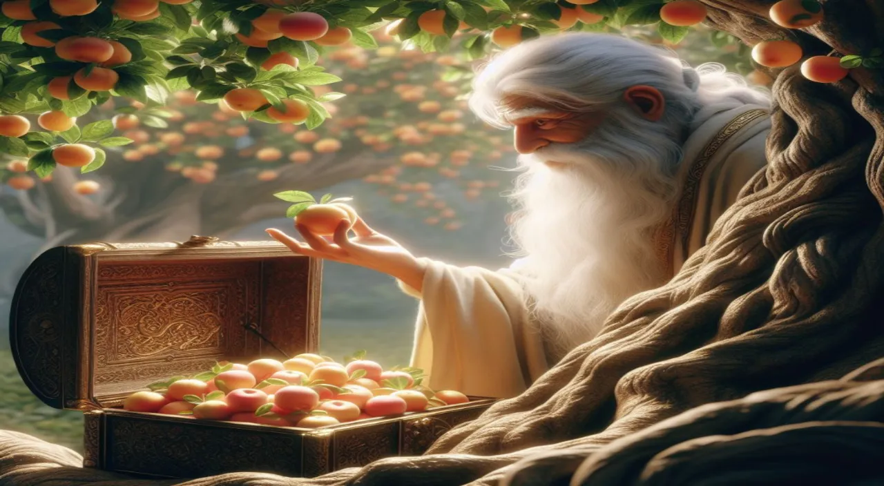 a painting of an old man holding a box of apples