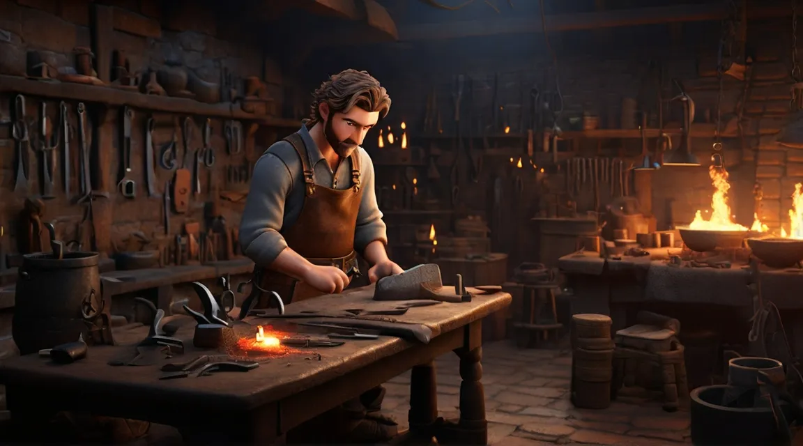 Eamon, standing by the glowing forge in his humble blacksmith shop, meticulously crafting armor and weaponry in preparation for his perilous journey.