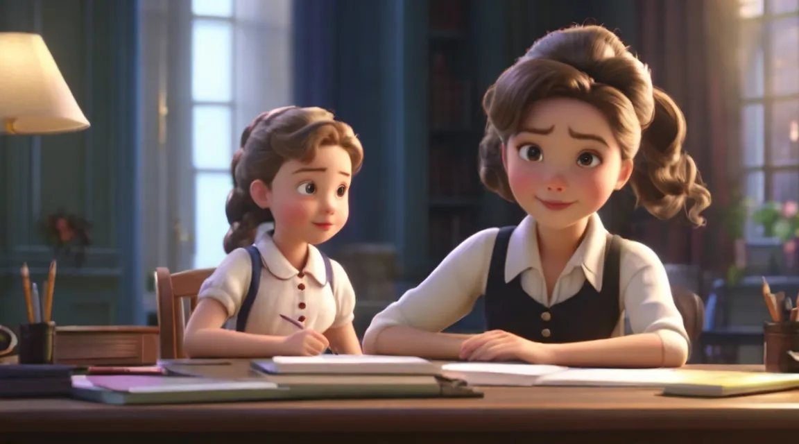 a woman and a child sitting at a desk with books