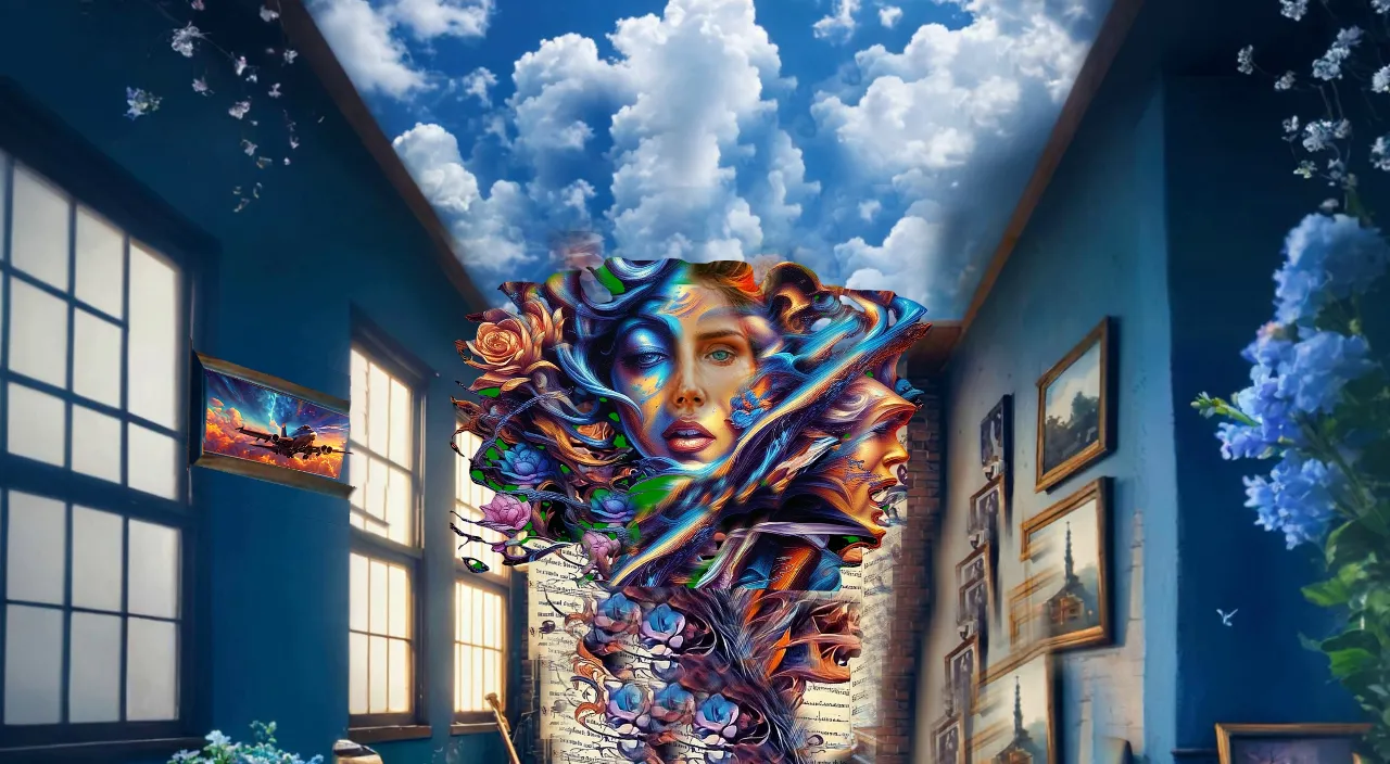 a painting of a woman's face in a blue room