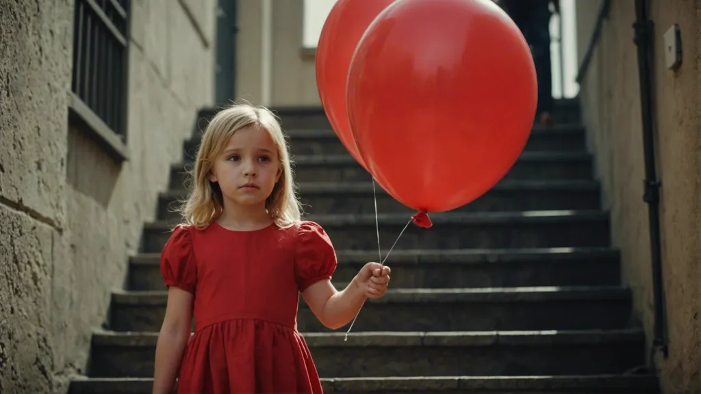 a little girl in a red dress walking downstairs holding a red balloon