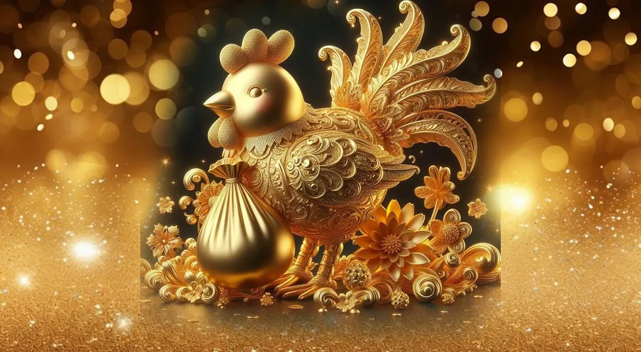 Create a golden  Hen with golden background, 8k, size of 1920x1080, colorful
